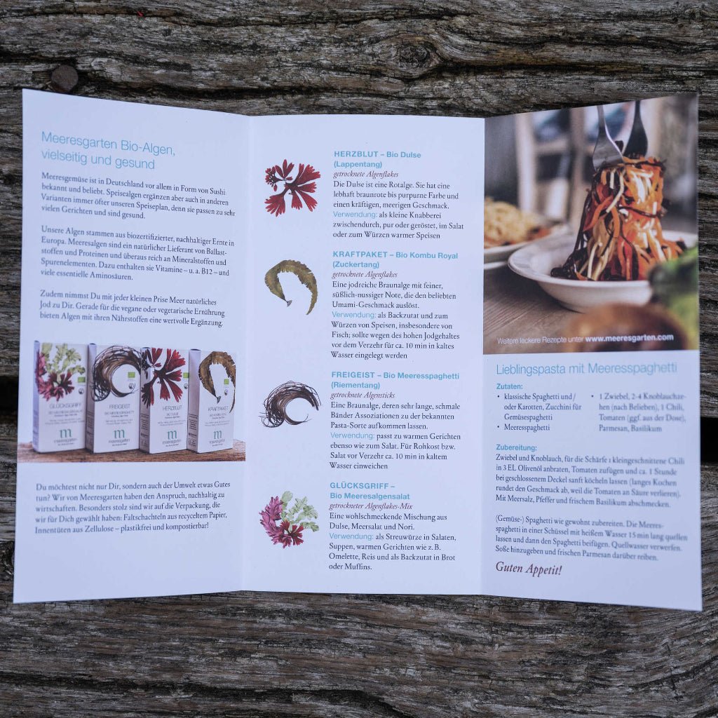 MEERESGARTEN PRODUKTFLYER "Natürlich Meer Essen" (Verkaufsförderung) - BeautyVeda | Oceanwell PRODUKTFLYER "Natürlich Meer Essen" (Verkaufsförderung) Nahrungsmittel, PROFESSIONAL,