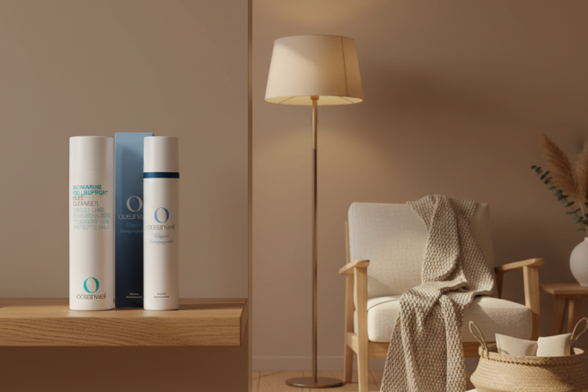 Oceanwell Pure Cleanser und Reinigungsmilch in gemütlichem modernen Zimmer